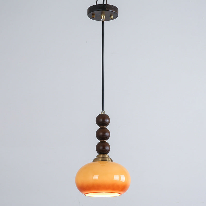 Traditional Vintage Oval Iron Wood Glass 1-Light Pendant Light For Living Room