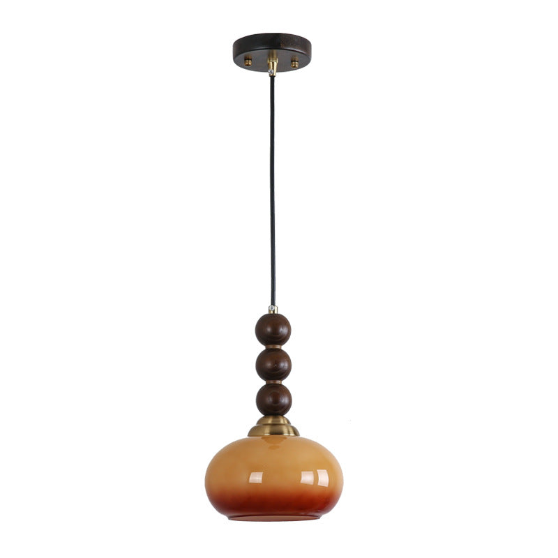 Traditional Vintage Oval Iron Wood Glass 1-Light Pendant Light For Living Room