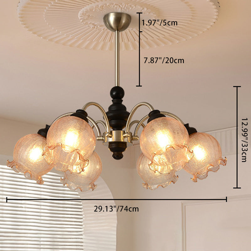 Traditioneller Vintage Blumen Holz Eisen Glas 6/8-Licht Kronleuchter für das Wohnzimmer 