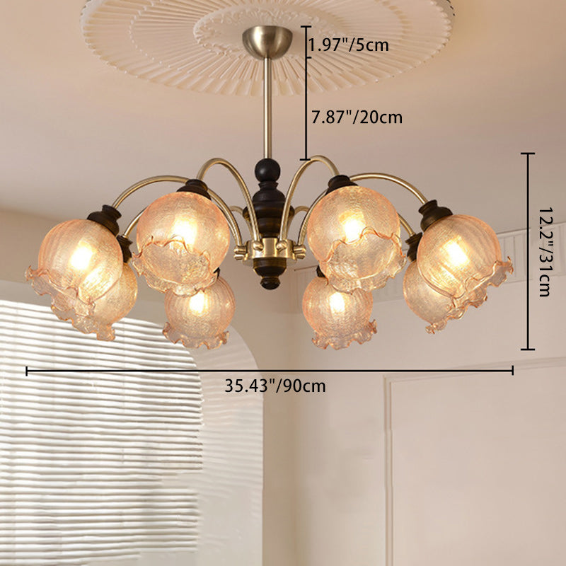 Traditioneller Vintage Blumen Holz Eisen Glas 6/8-Licht Kronleuchter für das Wohnzimmer 