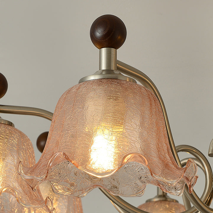 Traditioneller Vintage Blumen Holz Eisen Glas 6/8-Licht Kronleuchter für das Wohnzimmer 