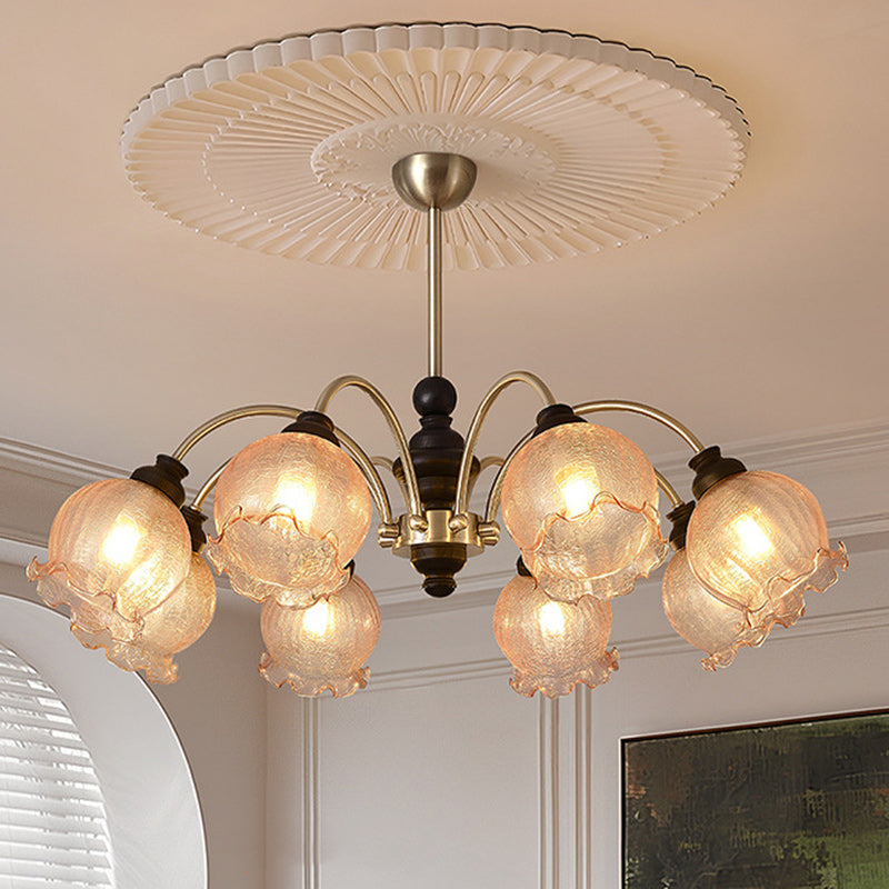 Traditioneller Vintage Blumen Holz Eisen Glas 6/8-Licht Kronleuchter für das Wohnzimmer 