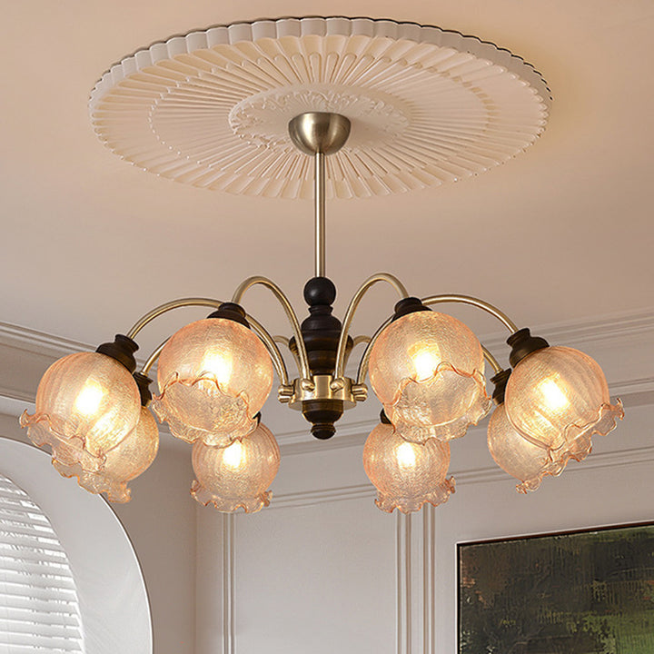 Traditioneller Vintage Blumen Holz Eisen Glas 6/8-Licht Kronleuchter für das Wohnzimmer 
