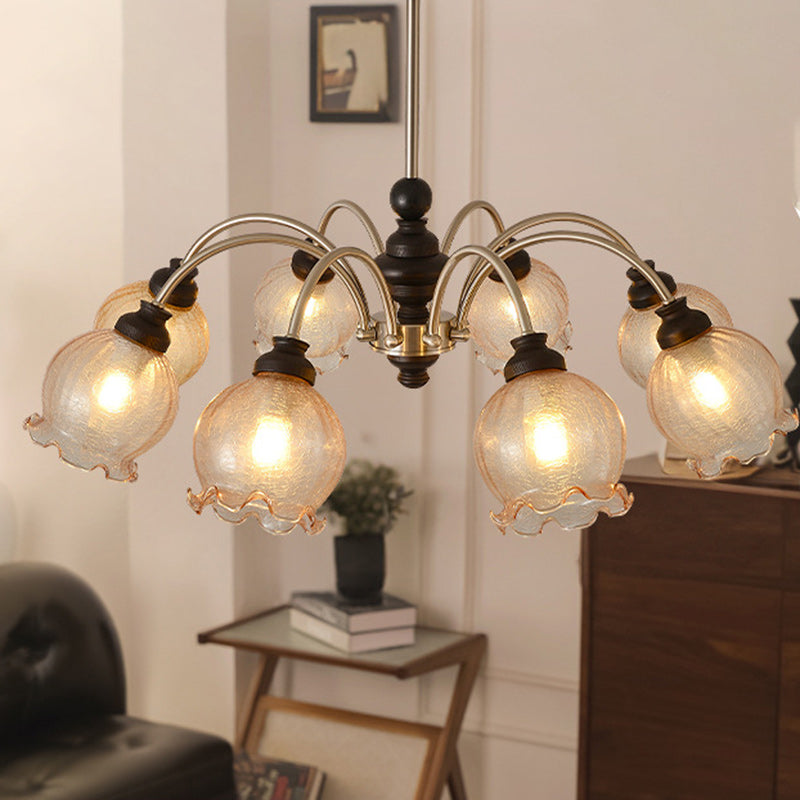 Traditioneller Vintage Blumen Holz Eisen Glas 6/8-Licht Kronleuchter für das Wohnzimmer 