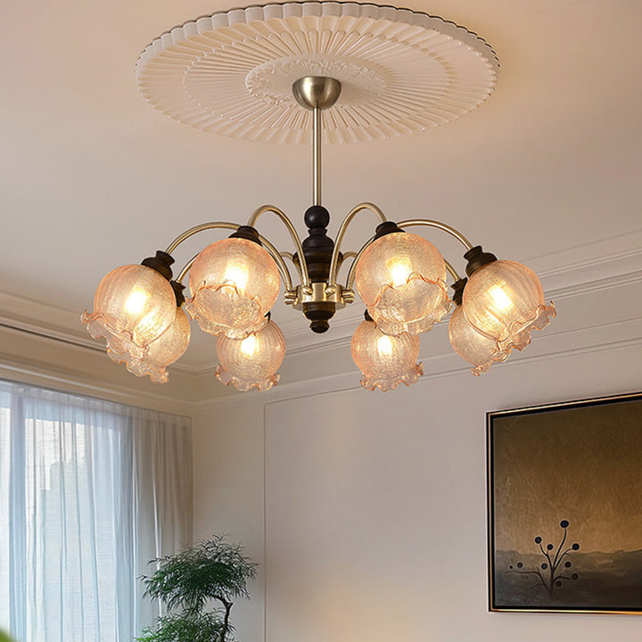 Traditioneller Vintage Blumen Holz Eisen Glas 6/8-Licht Kronleuchter für das Wohnzimmer 