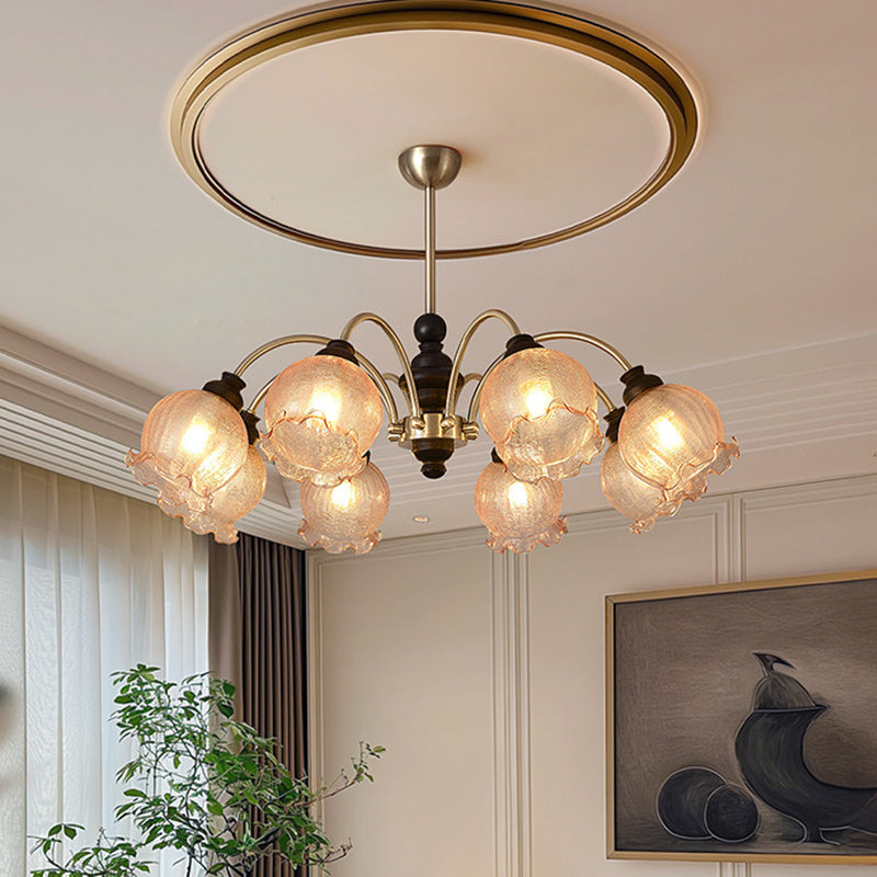Traditioneller Vintage Blumen Holz Eisen Glas 6/8-Licht Kronleuchter für das Wohnzimmer 