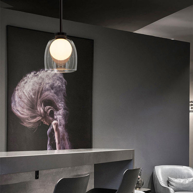 Lustre suspendu ovale en fer et verre contemporain scandinave à 1 lumière pour salon 