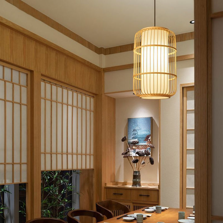 Traditionelle Chinesische Säule Eisen Bambus Papier 1-Licht Pendelleuchte Für Wohnzimmer 