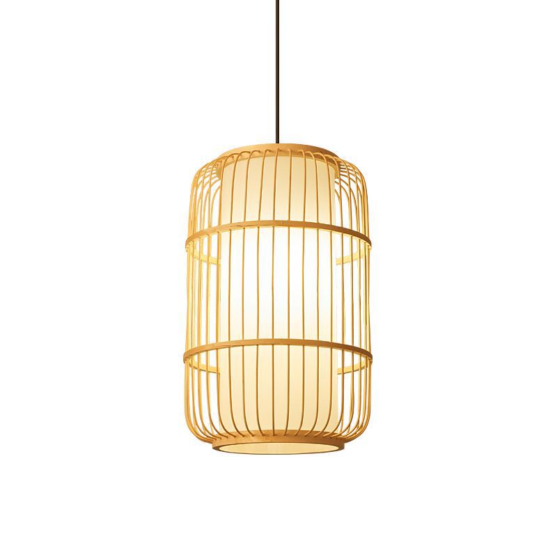 Traditionelle Chinesische Säule Eisen Bambus Papier 1-Licht Pendelleuchte Für Wohnzimmer 