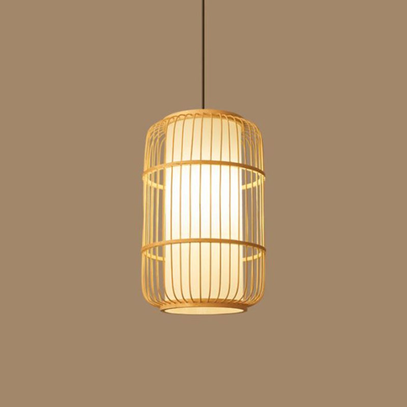 Traditionelle Chinesische Säule Eisen Bambus Papier 1-Licht Pendelleuchte Für Wohnzimmer 