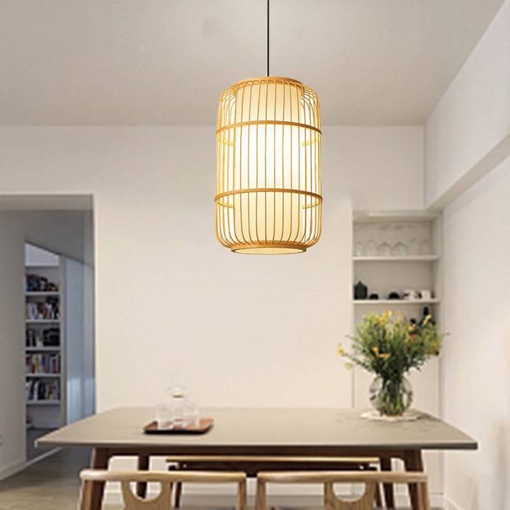 Traditionelle Chinesische Säule Eisen Bambus Papier 1-Licht Pendelleuchte Für Wohnzimmer 