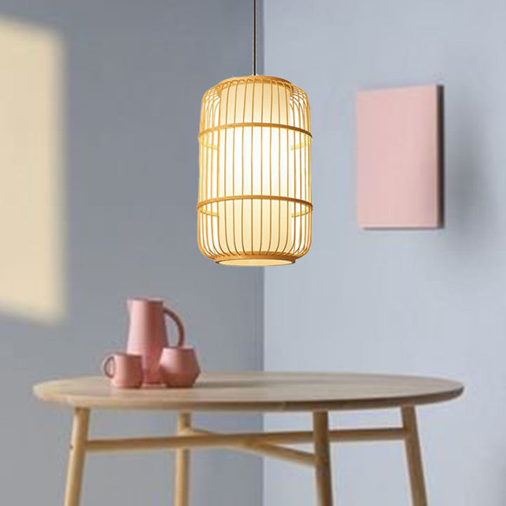 Traditionelle Chinesische Säule Eisen Bambus Papier 1-Licht Pendelleuchte Für Wohnzimmer 