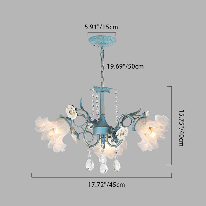 Traditional European Flower Iron Crystal Glass 3-Light Chandelier For Living Room