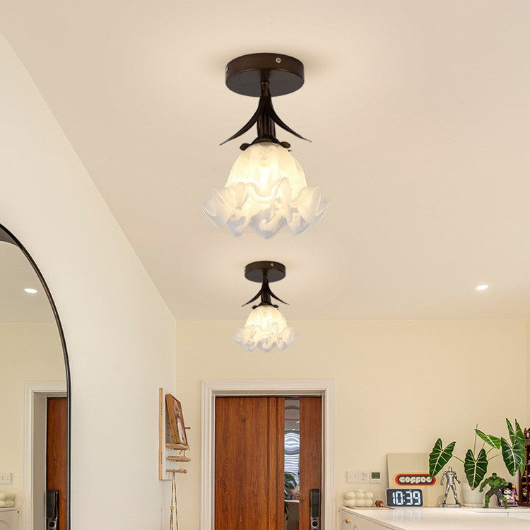Traditional Vintage Flower Iron Glass 1-Light Semi-Flush Mount Ceiling Light For Living Room