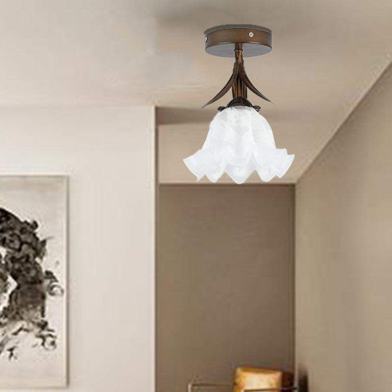 Traditional Vintage Flower Iron Glass 1-Light Semi-Flush Mount Ceiling Light For Living Room
