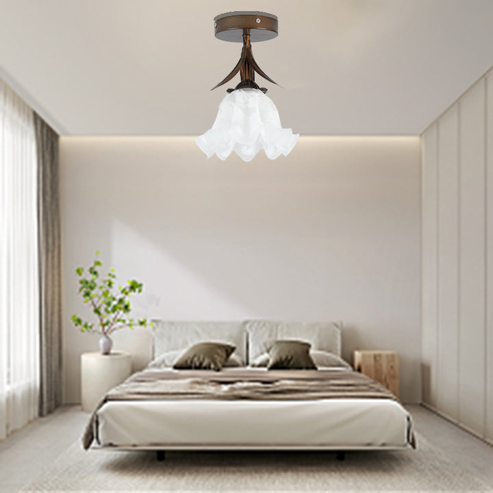 Traditionelle Vintage Blume Eisen Glas 1-Licht Semi-Flush Mount Deckenleuchte für Wohnzimmer 