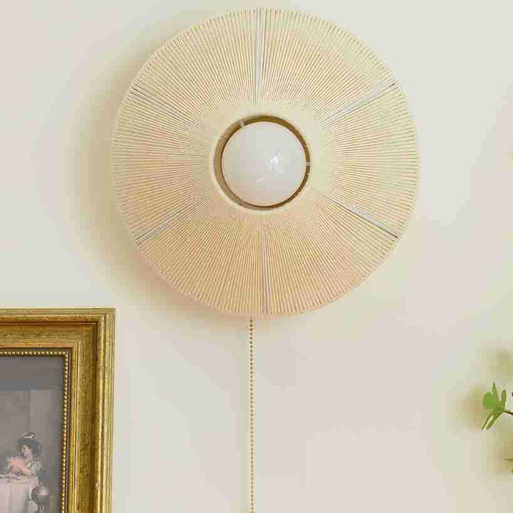 Applique Murale Traditionnelle Chinoise Ronde en Fer et Rotin à 1 Lumière pour Salon 