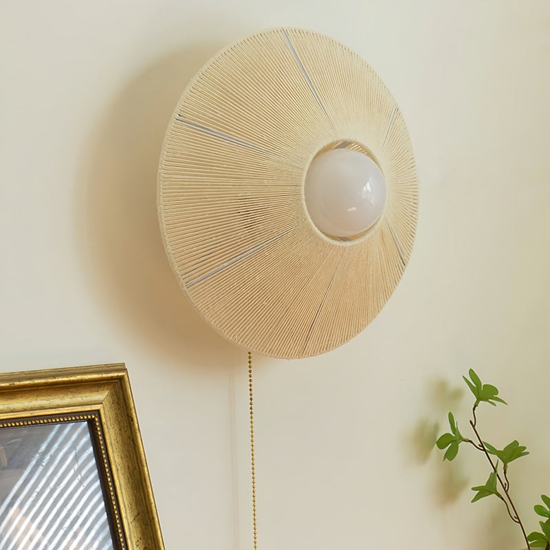 Applique Murale Traditionnelle Chinoise Ronde en Fer et Rotin à 1 Lumière pour Salon 