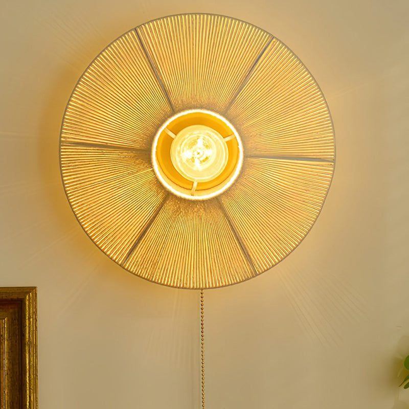 Applique Murale Traditionnelle Chinoise Ronde en Fer et Rotin à 1 Lumière pour Salon 