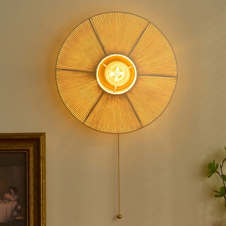 Applique Murale Traditionnelle Chinoise Ronde en Fer et Rotin à 1 Lumière pour Salon 