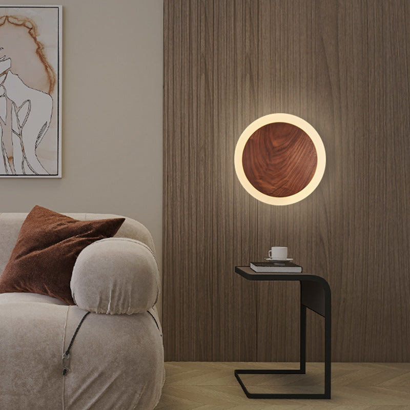 Lampe murale en acrylique LED ronde en bois nordique contemporaine pour salon 