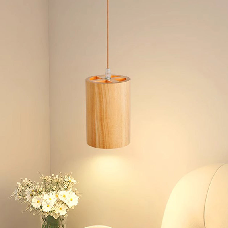 Traditional Japanese Column Wood 1-Light Pendant Light For Living Room