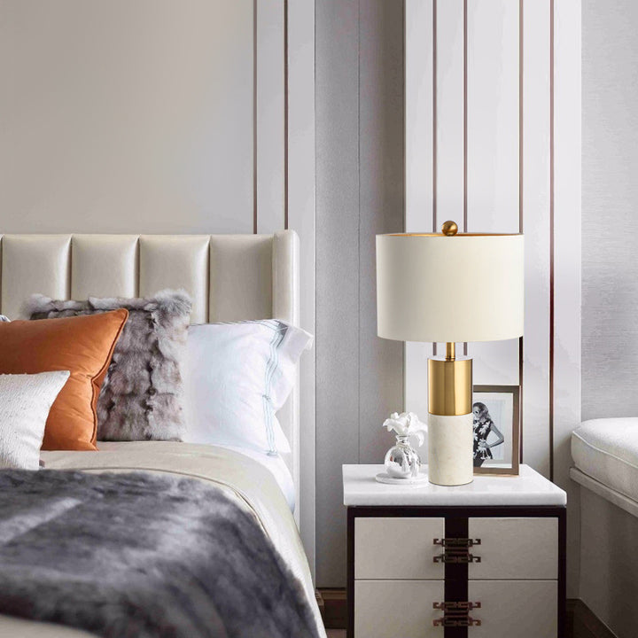 Lampe de table moderne minimaliste en marbre cylindrique avec tissu 1 lumière pour salon 