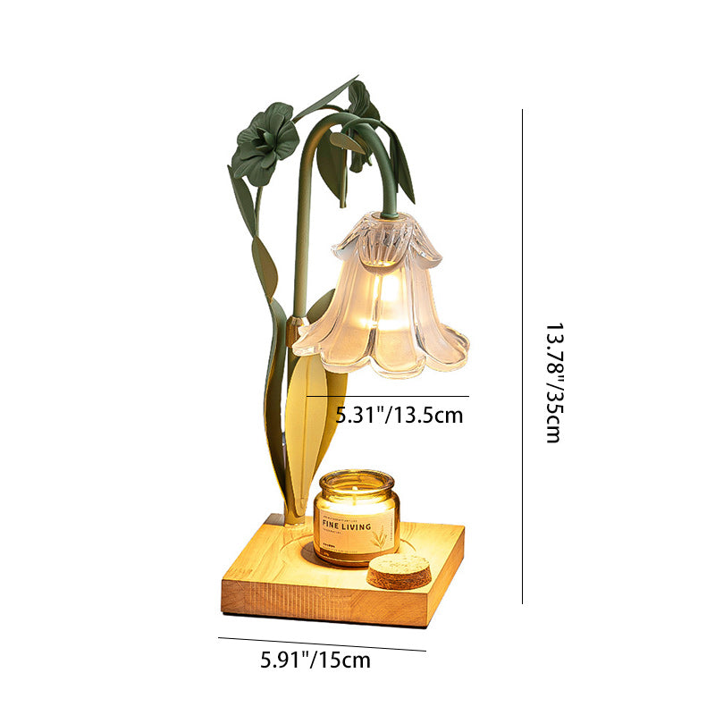 Zeitgenössische skandinavische Blumen Eisen Holz Glas 1-Licht Schmelzwachs Tischlampe für Wohnzimmer 