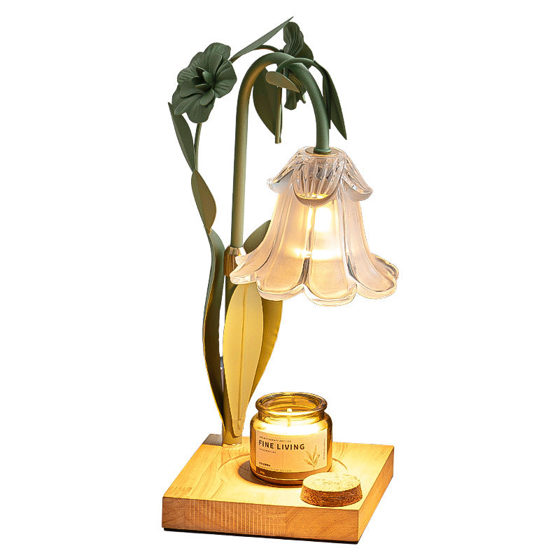 Zeitgenössische skandinavische Blumen Eisen Holz Glas 1-Licht Schmelzwachs Tischlampe für Wohnzimmer 