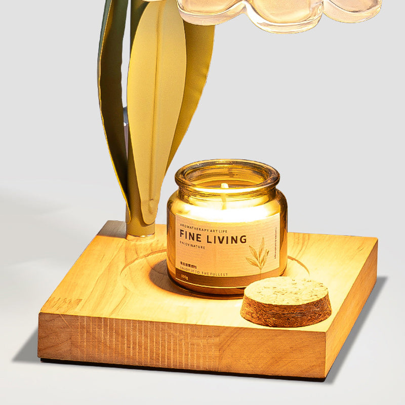 Zeitgenössische skandinavische Blumen Eisen Holz Glas 1-Licht Schmelzwachs Tischlampe für Wohnzimmer 