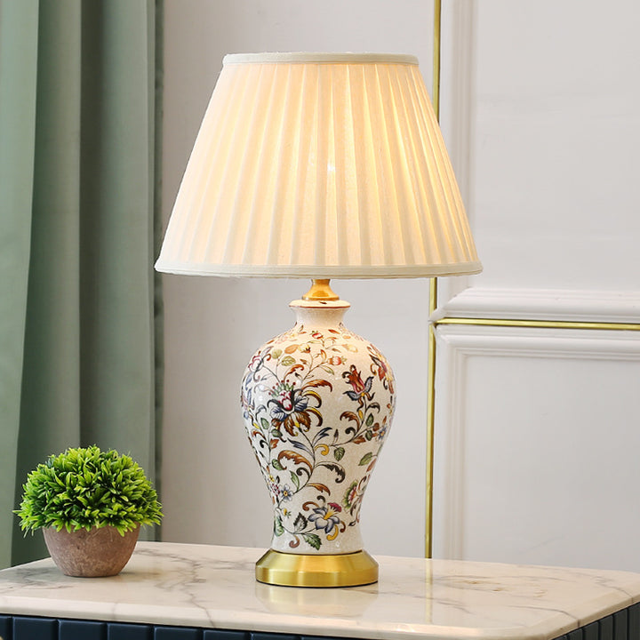 Lampe de table 1 lumière en tissu céramique fer tambour chinois traditionnel pour salon 