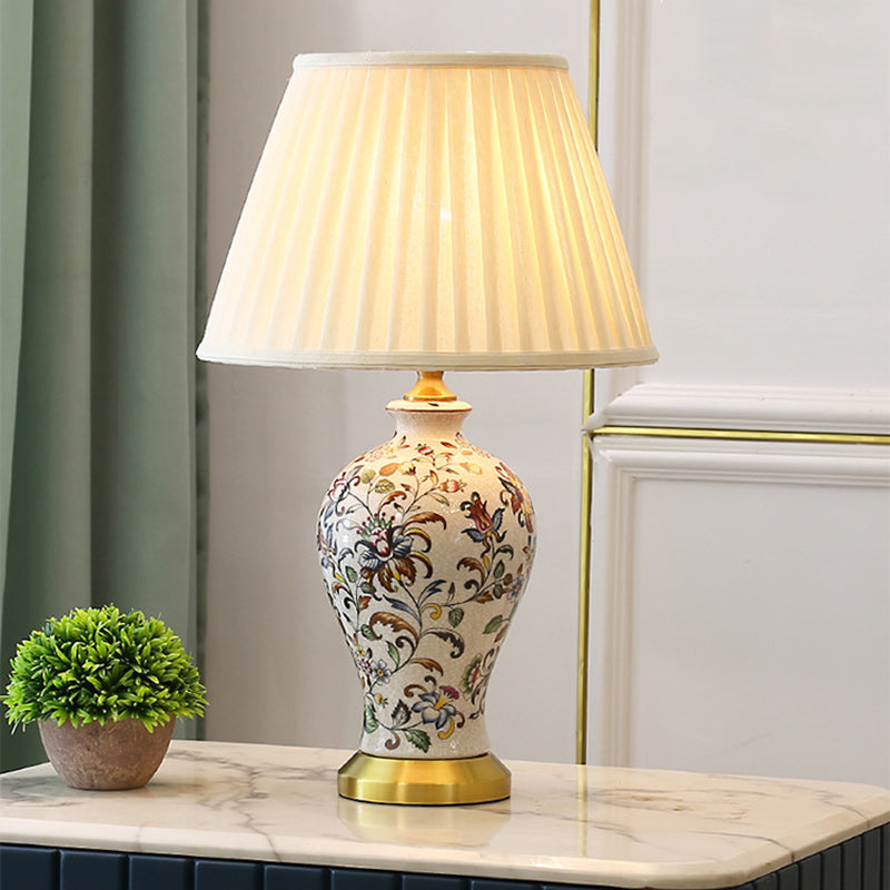 Lampe de table 1 lumière en tissu céramique fer tambour chinois traditionnel pour salon 