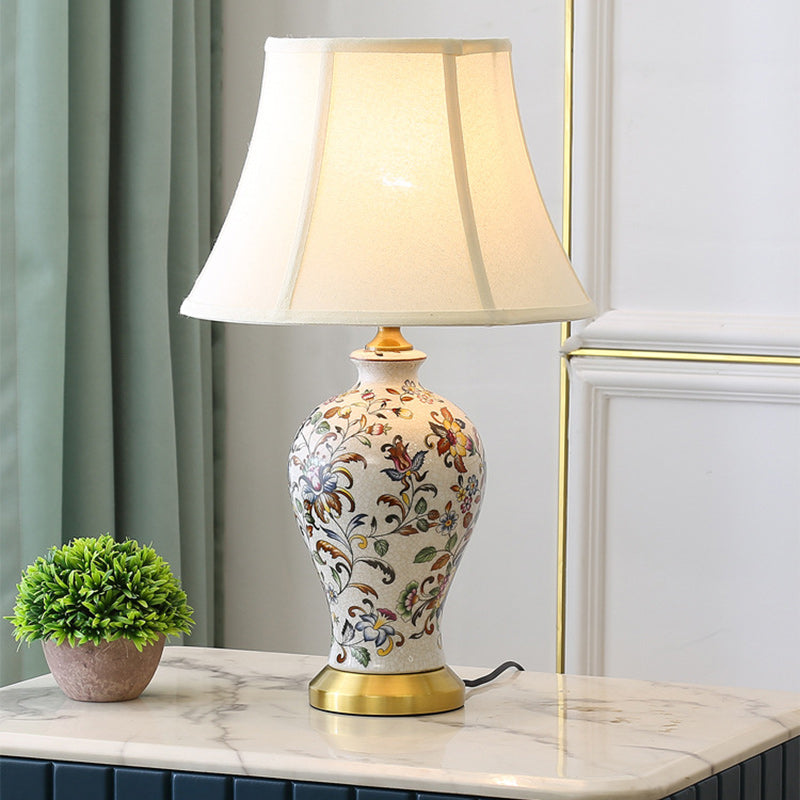 Lampe de table 1 lumière en tissu céramique fer tambour chinois traditionnel pour salon 