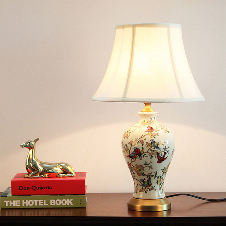 Lampe de table 1 lumière en tissu céramique fer tambour chinois traditionnel pour salon 