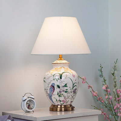 Lampe de table à 1 lumière en tissu céramique en cuivre avec tambour chinois traditionnel pour salon 