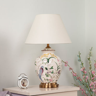 Lampe de table à 1 lumière en tissu céramique en cuivre avec tambour chinois traditionnel pour salon 