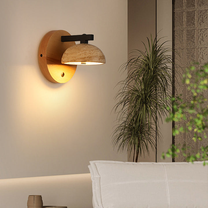 Applique murale LED en dôme traditionnel japonais en fer, bois et pierre pour salon 