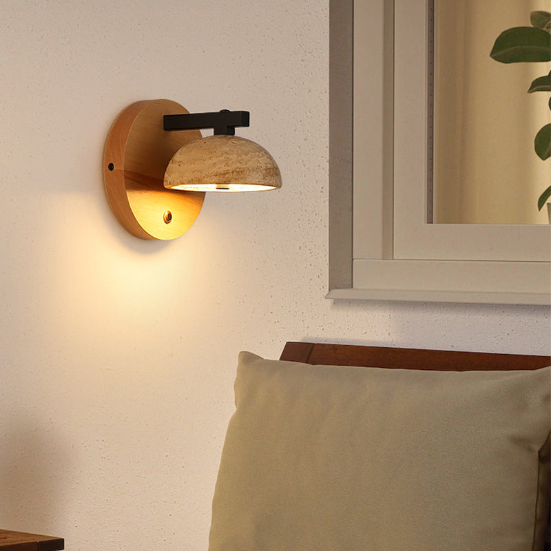 Applique murale LED en dôme traditionnel japonais en fer, bois et pierre pour salon 