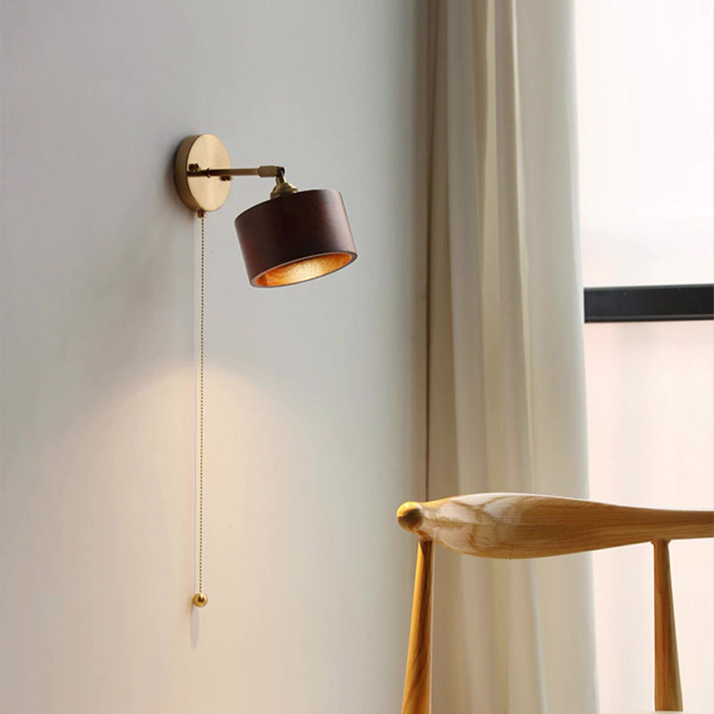 Traditional Japanese Cylinder Copper Wood 1-Light Wall Sconce Lamp For Living Room