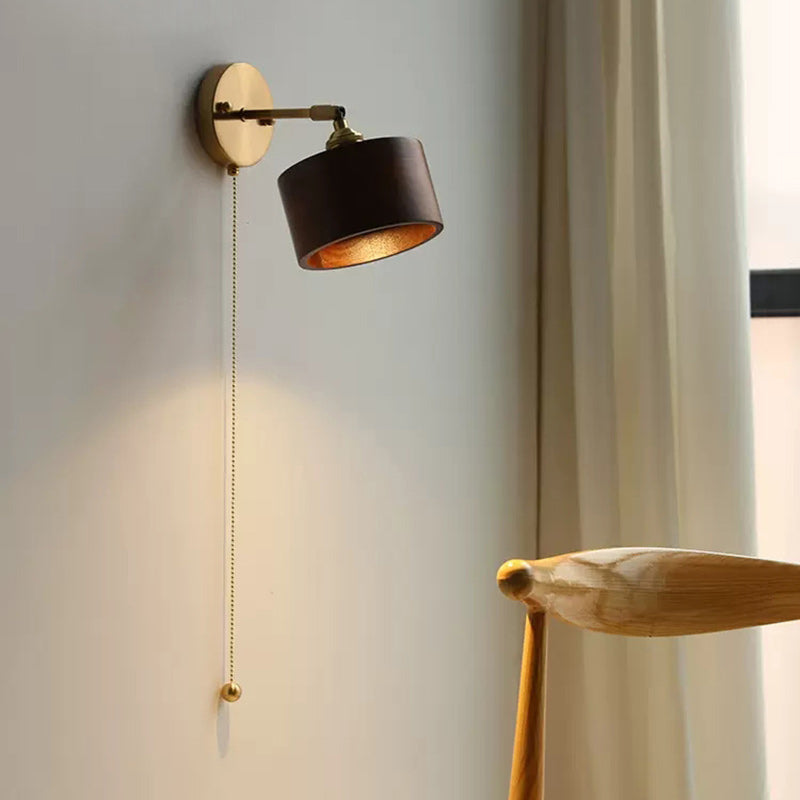 Traditional Japanese Cylinder Copper Wood 1-Light Wall Sconce Lamp For Living Room