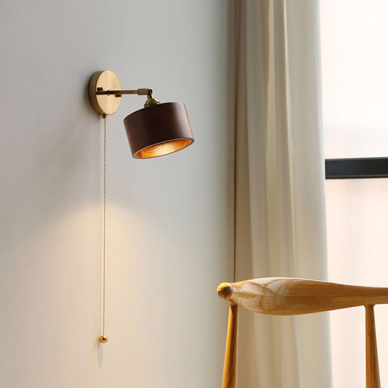 Traditional Japanese Cylinder Copper Wood 1-Light Wall Sconce Lamp For Living Room
