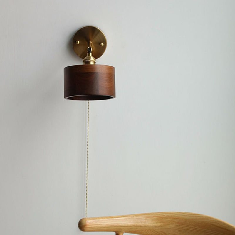 Traditional Japanese Cylinder Copper Wood 1-Light Wall Sconce Lamp For Living Room