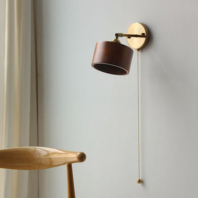 Traditional Japanese Cylinder Copper Wood 1-Light Wall Sconce Lamp For Living Room