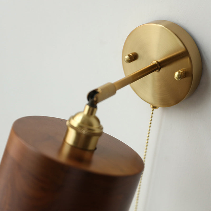 Traditional Japanese Cylinder Copper Wood 1-Light Wall Sconce Lamp For Living Room