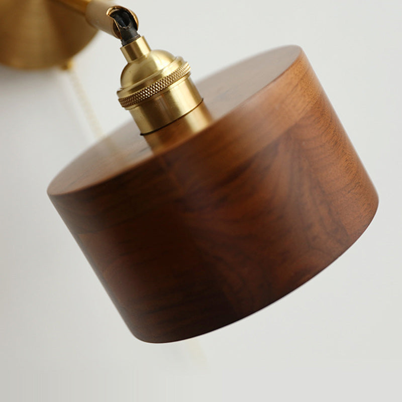 Traditional Japanese Cylinder Copper Wood 1-Light Wall Sconce Lamp For Living Room