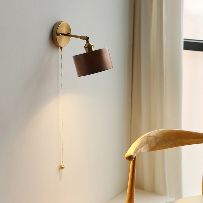 Traditional Japanese Cylinder Copper Wood 1-Light Wall Sconce Lamp For Living Room