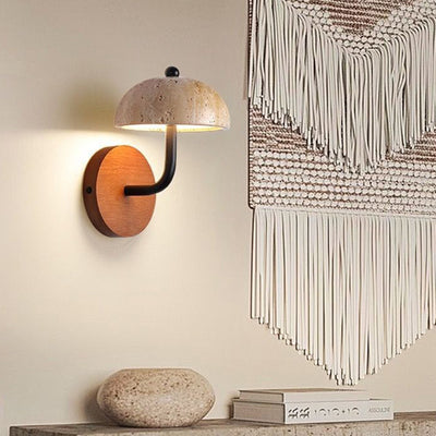 Traditional Japanese Dome Wood Stone LED Wall Sconce Lamp For Living Room