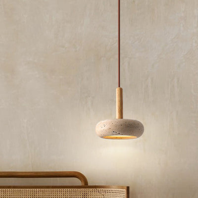 Traditional Japanese Dome Wood Stone LED Pendant Light For Living Room