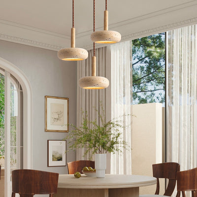 Traditional Japanese Dome Wood Stone LED Pendant Light For Living Room