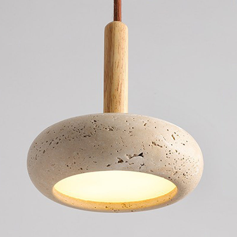 Traditional Japanese Dome Wood Stone LED Pendant Light For Living Room